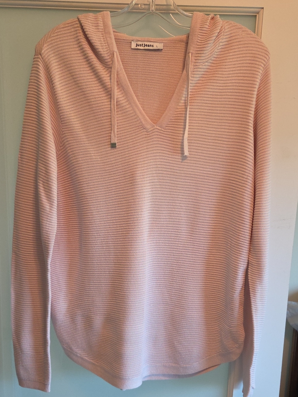 Women's Pink Hooded V-Neck Sweater